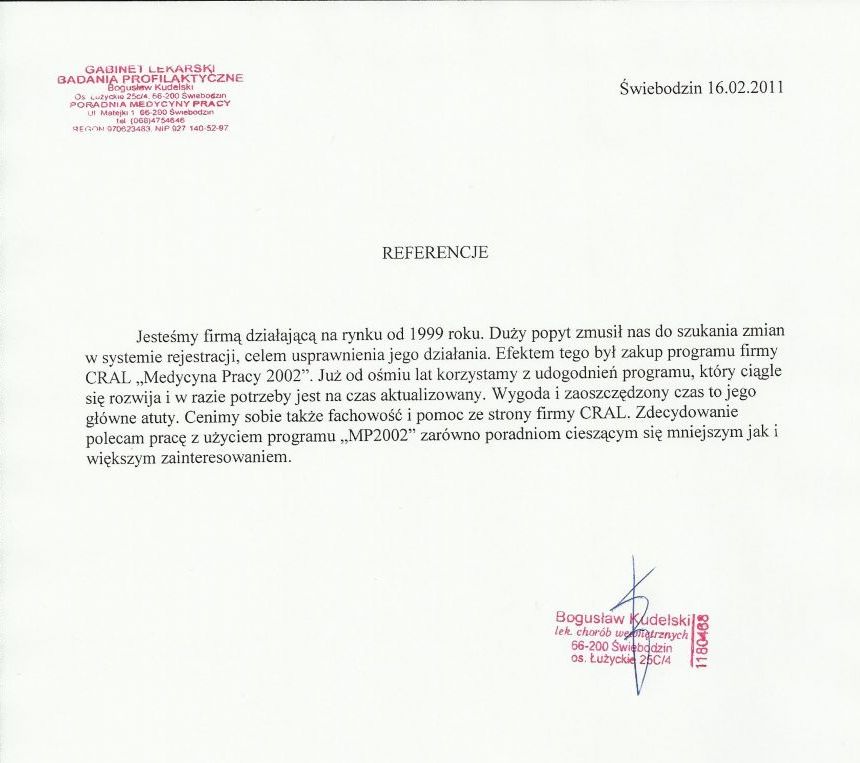 Referencje do programu Medycyna Pracy 2002+ - Gabinet Lekarski Badania Profilaktyczne Bogusław Kudelski