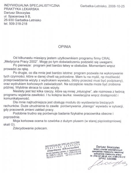 Referencje do programu Medycyna Pracy 2002+ - ISPL Dariusz Skoczylas